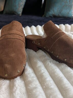 Women's Brown Suede Studded Clog Mules